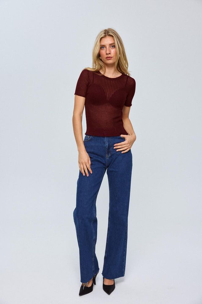 Tuba Blúzka Z Priesvitného Úpletu Crew Neck – Klaret Červená Veľkoobchod s oblečením Žiadna látka