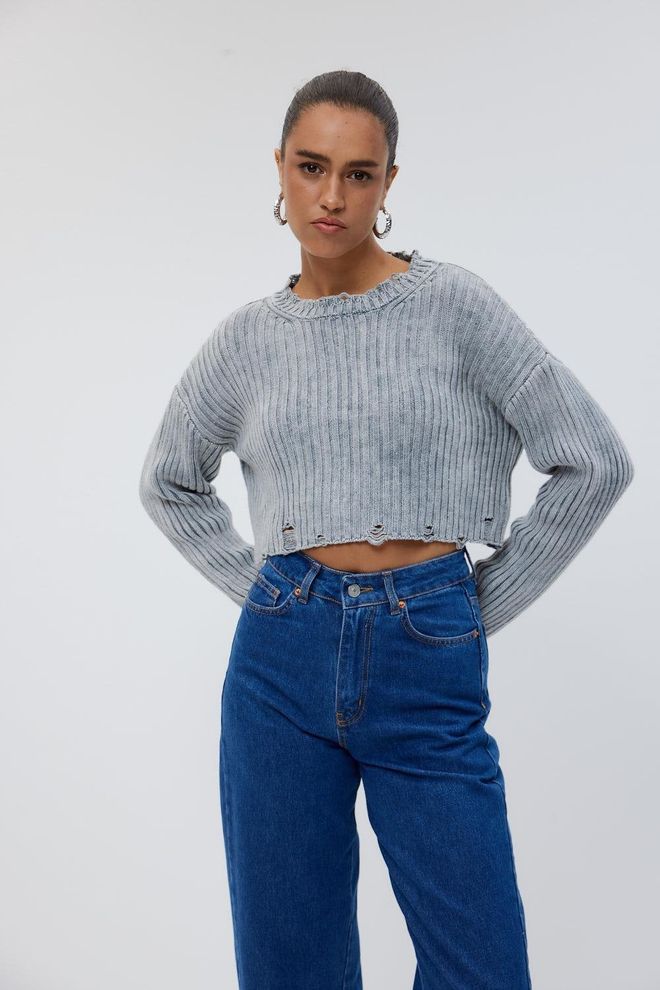 Tuba Bisiklet Yaka Crop Triko Kadın Kazak Gri Toptan Giyim Gündelik