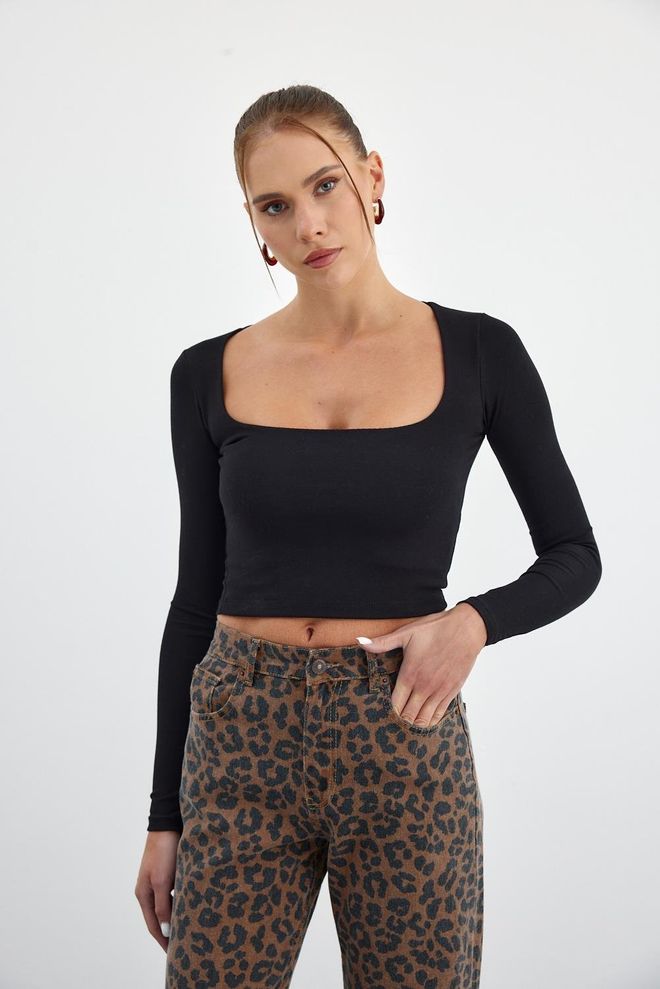 Tuba Crop Top À Manches Longues Et Col Carré Noir Vêtements en gros Décontracté