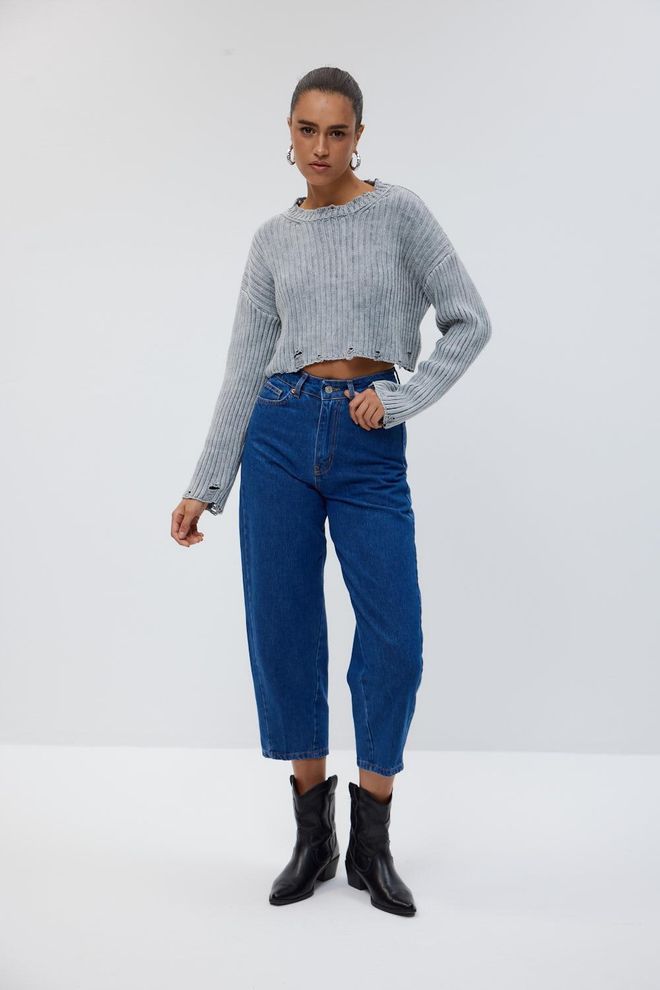Tuba Pantalon Femme Jean Ballon Taille Haute Bleu Vêtements en gros Décontracté