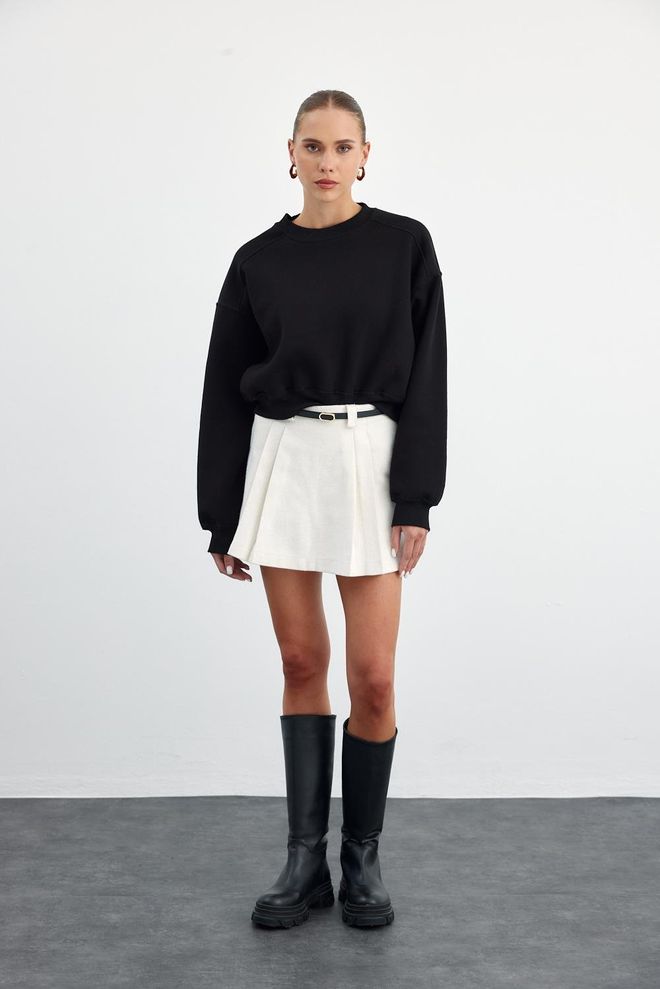 Tuba Γυναικείο Φούτερ Crew Neck Basic Crop Μαύρο Χονδρικό εμπόριο ενδυμάτων Casual