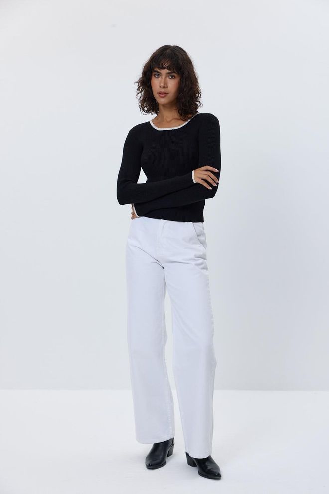 Tuba Basic Gebreide Blouse Met Ronde Hals Zwart Groothandel Kleding Casual