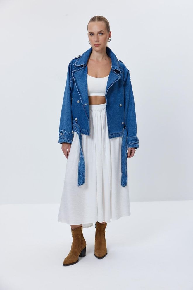 Tuba Giacca Da Donna In Denim Oversize Con Colletto Doppiopetto Blu Abbigliamento all'ingrosso Casuale