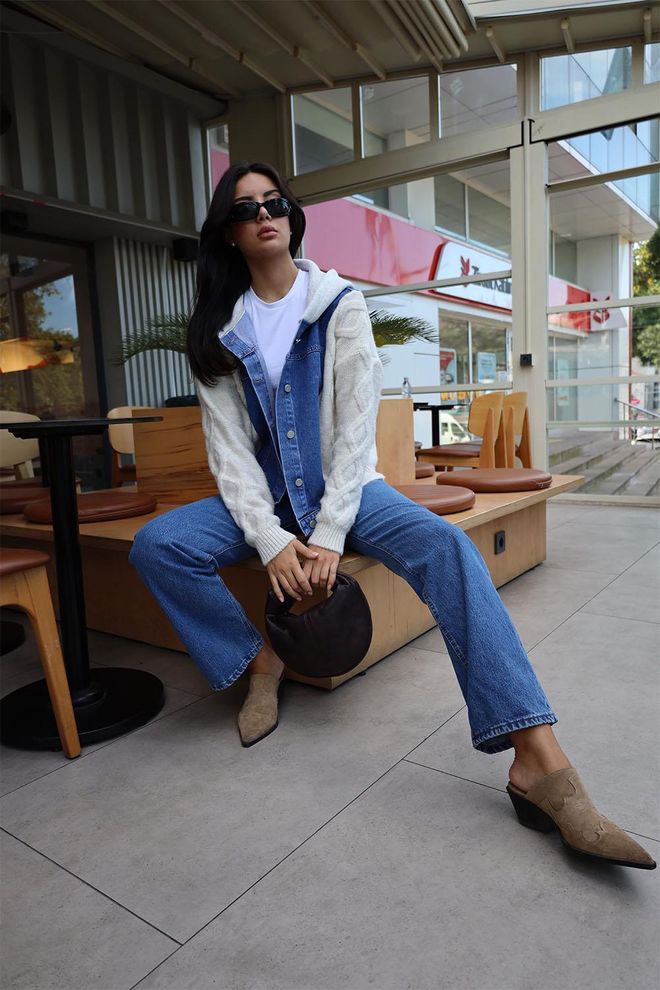 Tuba Veste En Jean Femme Détail Maille Bleu Vêtements en gros Décontracté