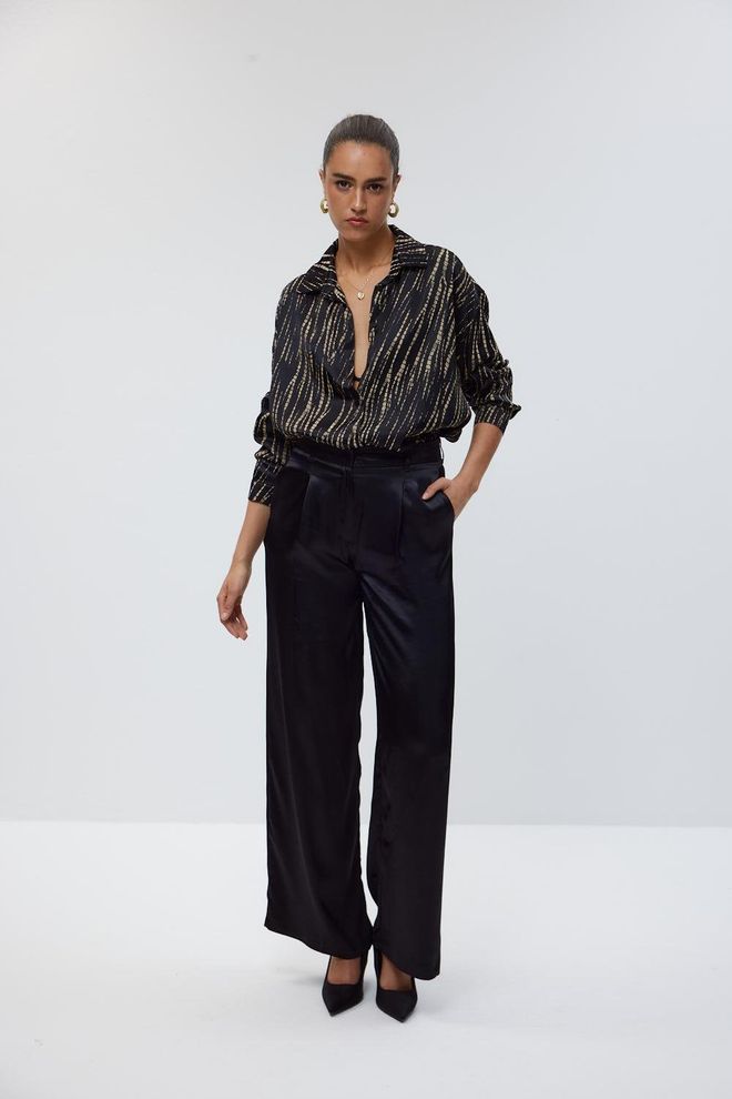 Tuba Raštuoti Marškiniai Kelnės Satin Set Juoda Didmeninė prekyba drabužiais Aptempta ir platėjanti