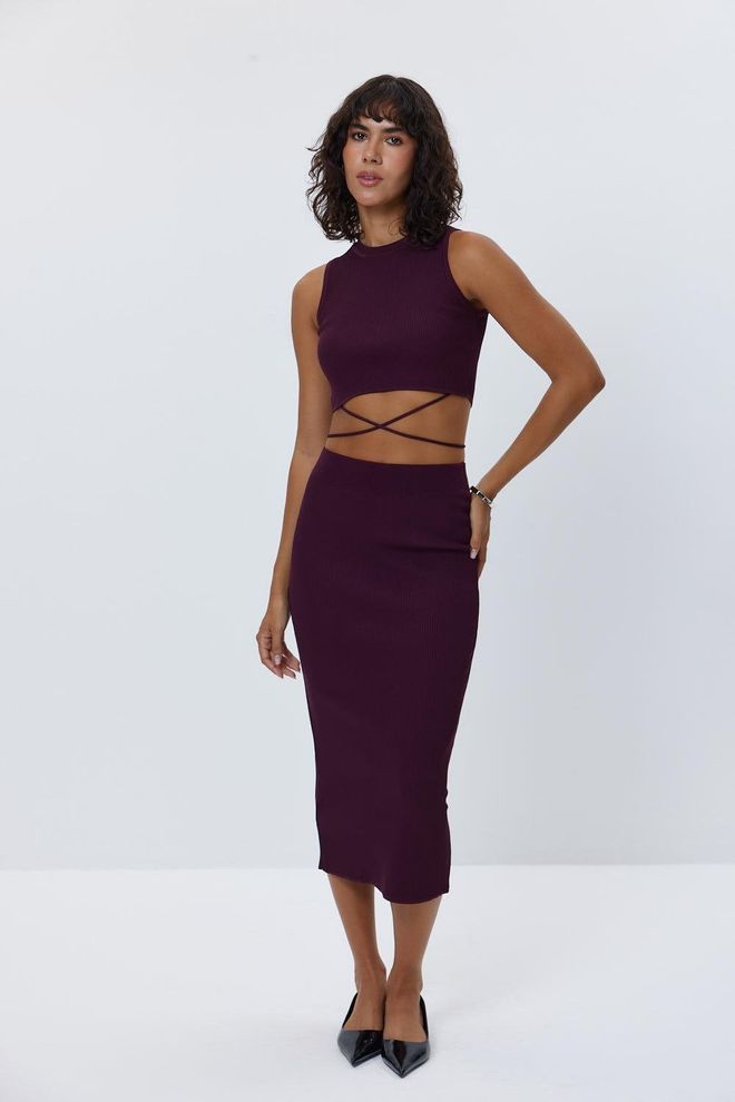 Tuba Virvelinis Trikotažo Crop Sijonų Komplektas Claret Red Didmeninė prekyba drabužiais Kokteilinė