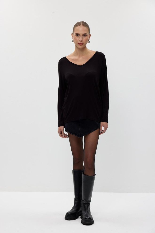 Tuba Voorkant Achterkant V blouse Met Lange Mouwen Zwart Groothandel Kleding Casual