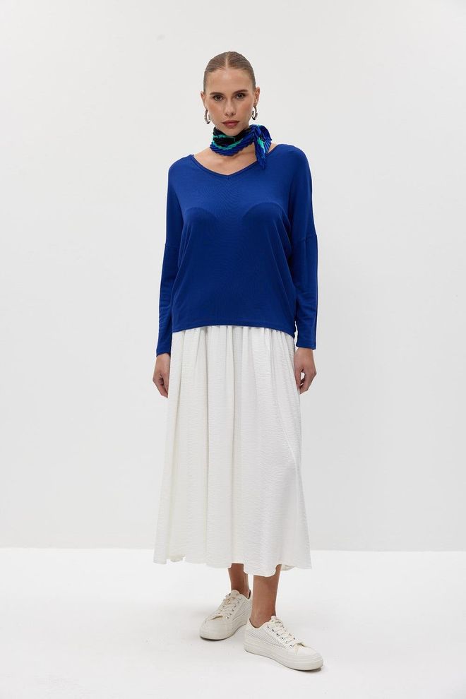 Tuba Voorkant Achterkant V Saks Blouse Met Lange Mouwen Blauw Groothandel Kleding Casual