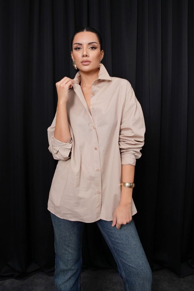 Tuba Camisa Feminina Básica De Popeline Bege Roupas por atacado Casual