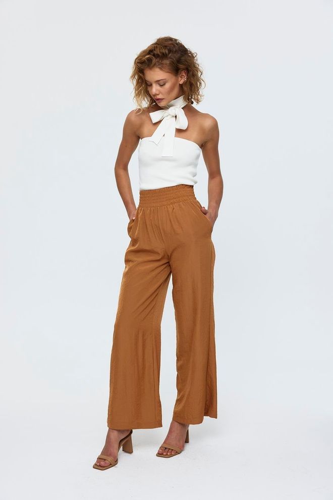 Tuba Wide Leg Flowy Tan Women's Trousers Camel Wholesale Clothing Spring