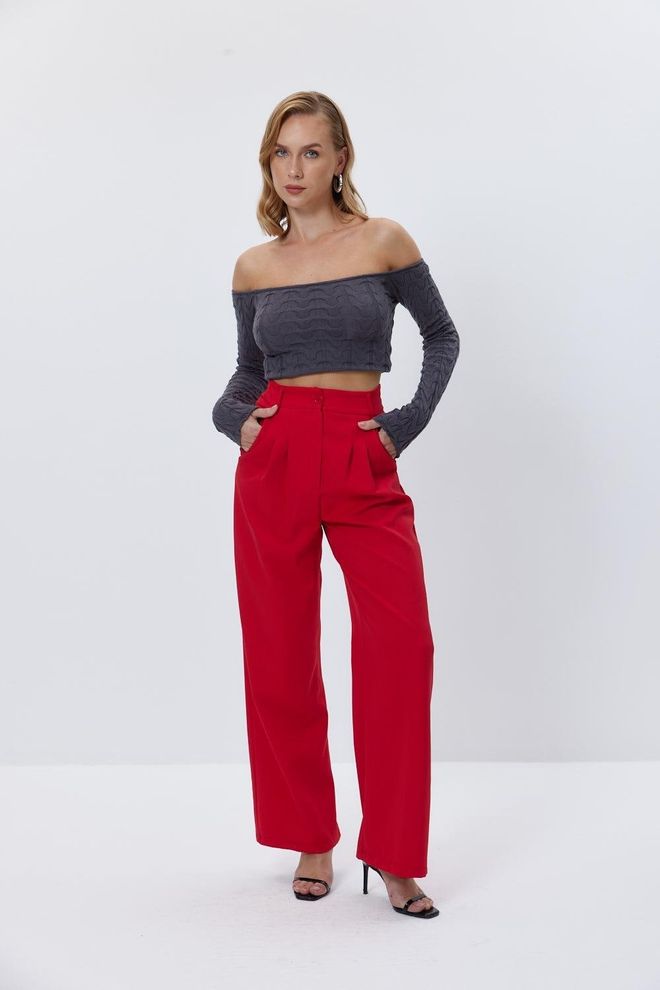 Tuba Women's High Waist Palazzo Trousers With Darts Red Wholesale Clothing Elegant