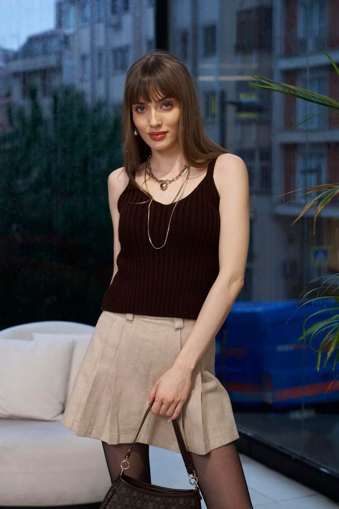 Tuba Dark Knitwear Blouse With Corded Straps Brown Wholesale Clothing 4