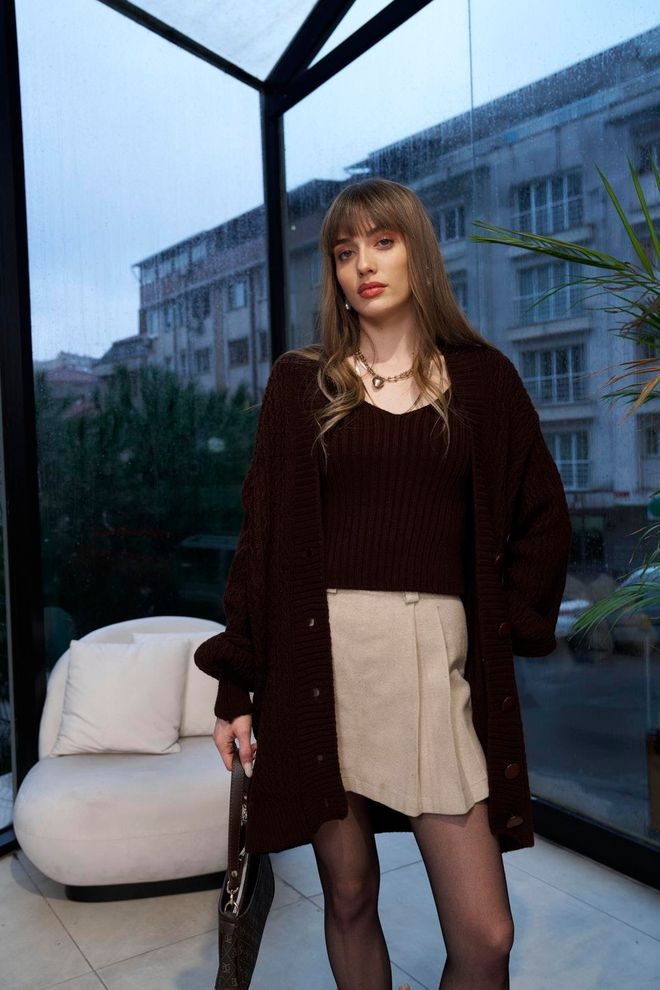 Tuba Dark Knitwear Blouse With Corded Straps Brown Wholesale Clothing Work