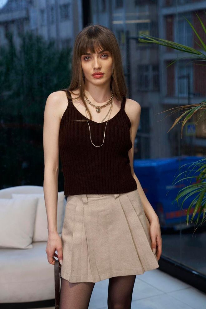 Tuba Dark Knitwear Blouse With Corded Straps Brown Wholesale Clothing Summer