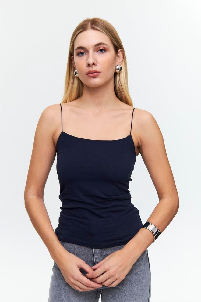 Tuba Crop Top Long Basique À Bretelles En Corde Bleu Marine Vêtements en gros Décontracté
