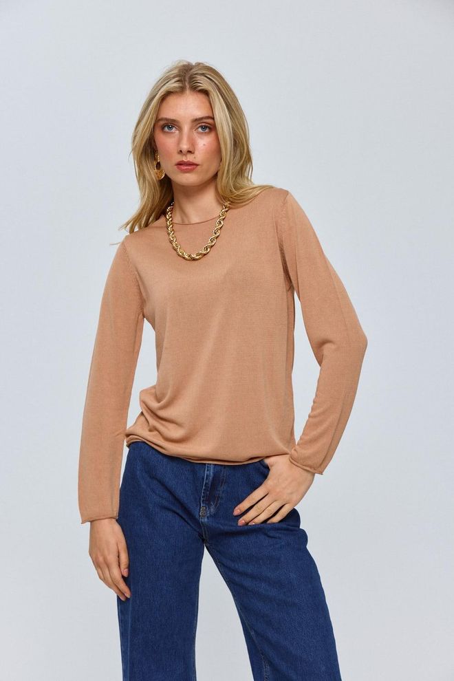 Tuba Fijn Gebreide Damesblouse Lichtbruin Groothandel Kleding Casual