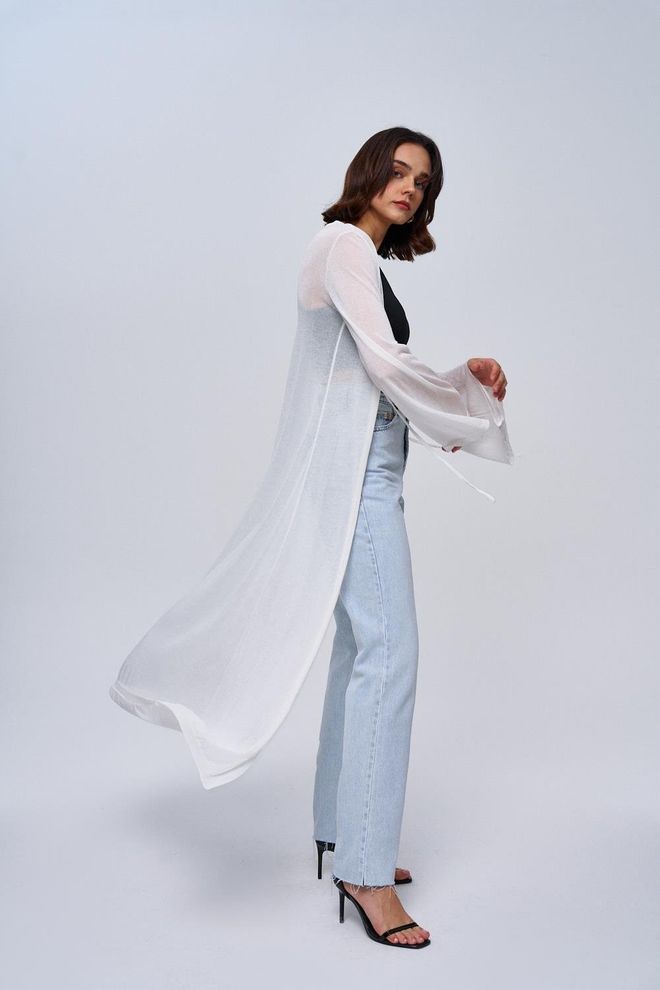 Tuba Cardigan Lavorato A Maglia Sottile Lungo Da Donna Con Dettaglio Cravatta Bianco Abbigliamento all'ingrosso Casuale