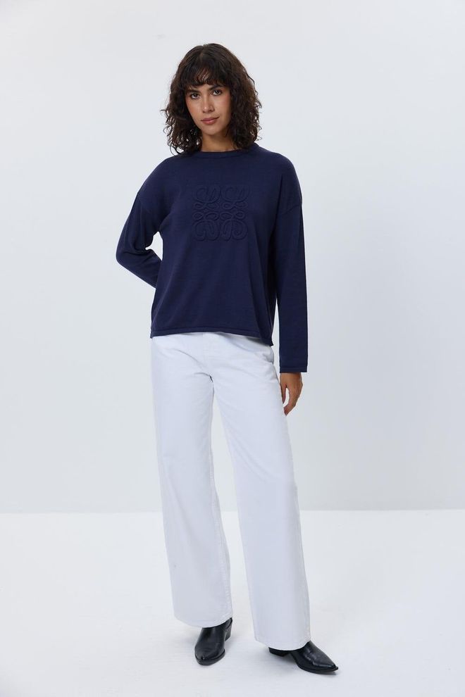 Tuba Suéter Feminino De Malha Básica Com Gola Redonda Azul Marinho Roupas por atacado Casual