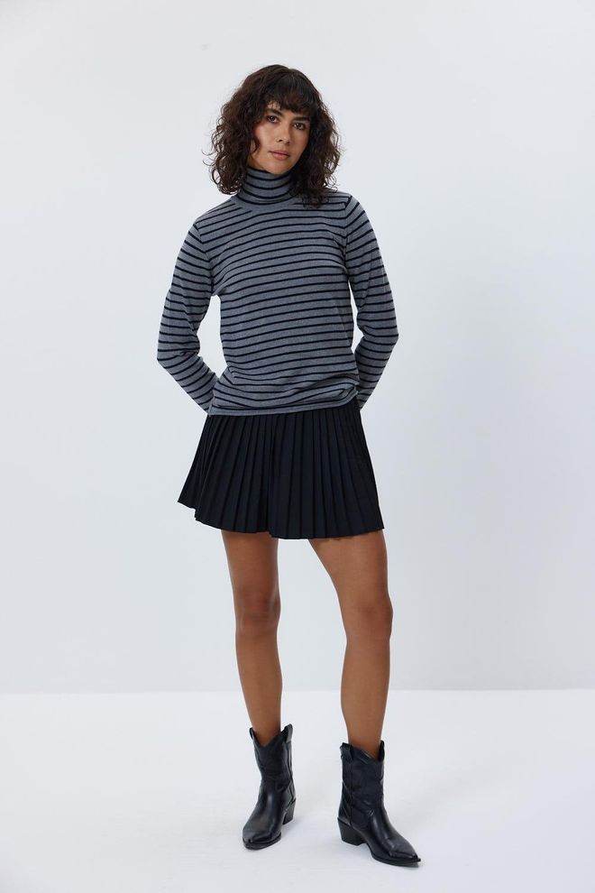 Tuba Balıkçı Yaka Çizgili Triko Kadın Kazak Gri Toptan Giyim Gündelik