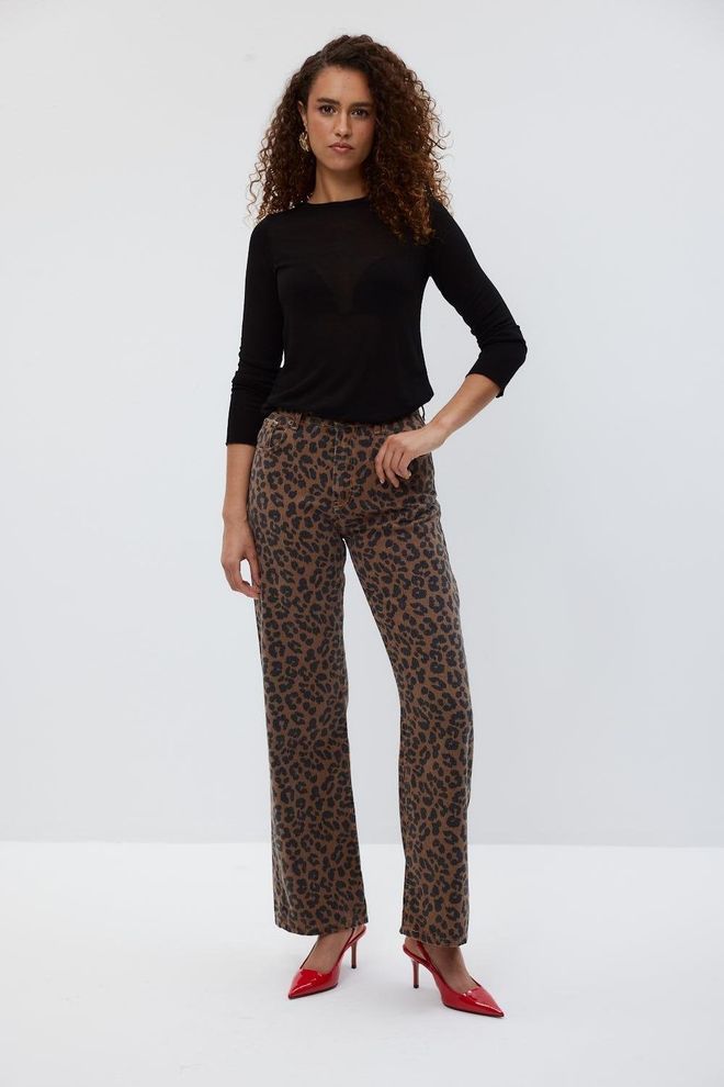 Tuba Jean Large À Motif Léopard Pour Femme Marron Vêtements en gros Décontracté