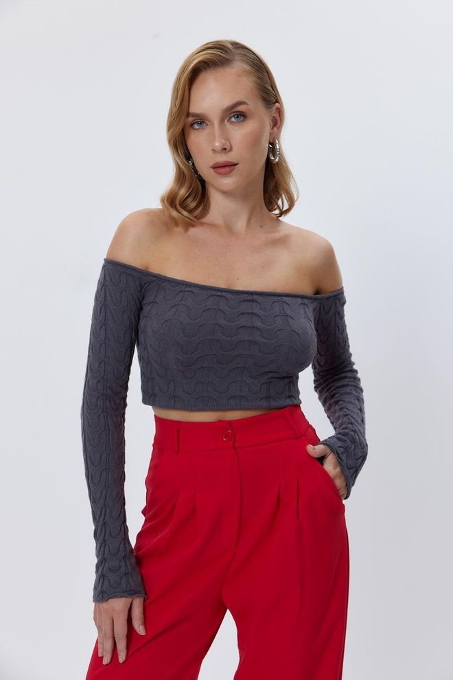 Tuba Suéter Feminino De Malha Com Gola Canoa Antracite Roupas por atacado Casual