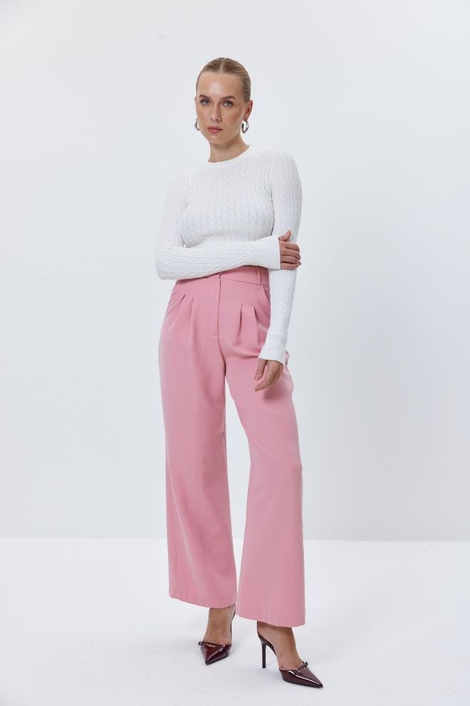 Tuba Darted High Waist Palazzo Powder Women's Trousers Pink Wholesale Clothing Polyester