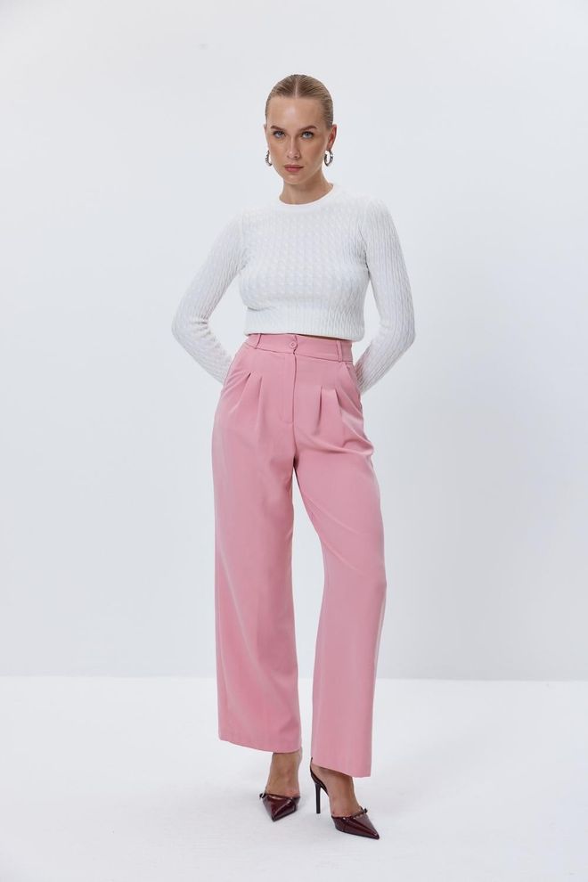 Tuba Darted High Waist Palazzo Powder Women's Trousers Pink Wholesale Clothing Formal