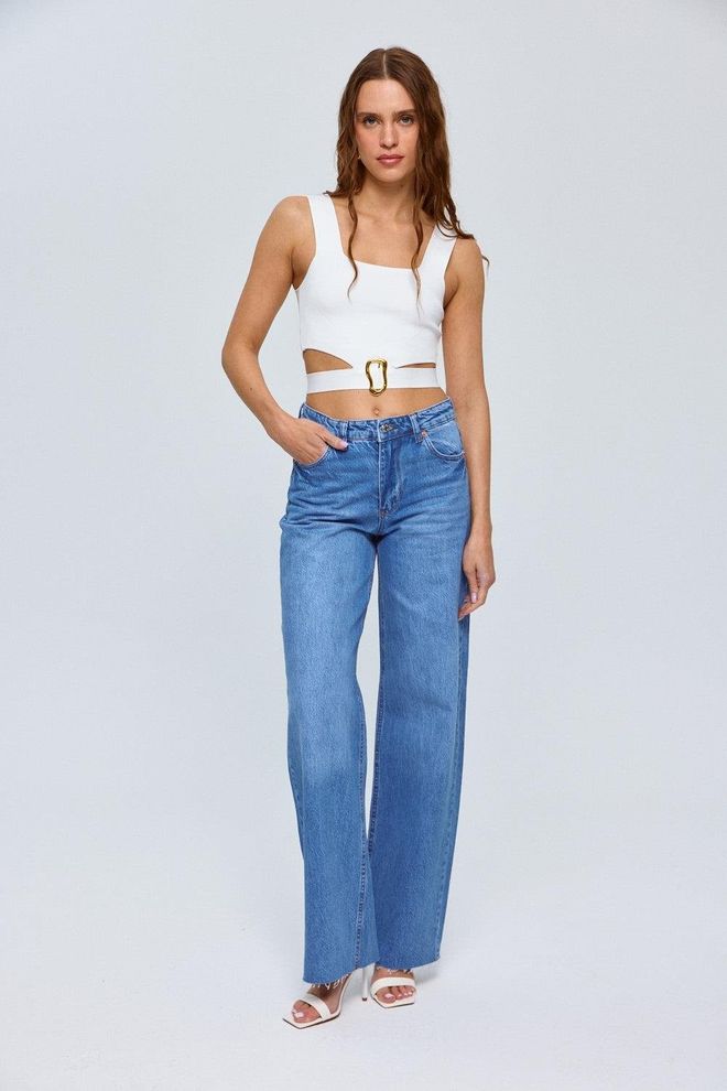 Tuba Jeans Da Donna A Gamba Larga Alta Blu Abbigliamento all'ingrosso Casuale