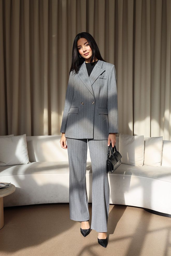 Tuba Set Di Pantaloni Giacca Blazer Doppiopetto A Righe Grigio Abbigliamento all'ingrosso Elegante