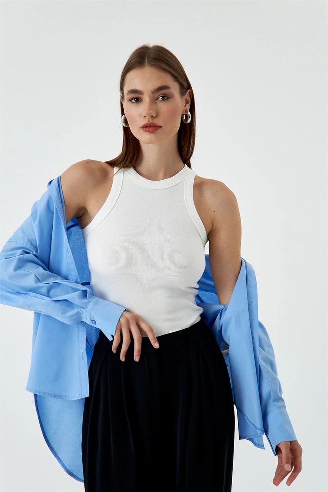 Tuba Camiseta Regata Canelada Com Gola Alta Para Mulher Ecru Roupas por atacado Casual