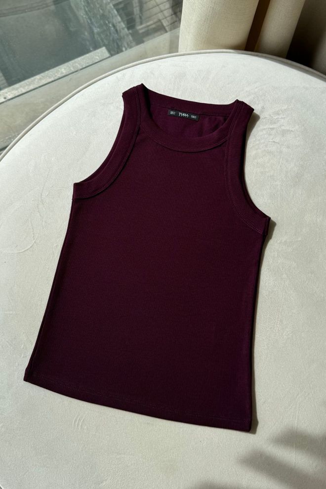 Tuba Camiseta Regata Canelada Com Gola Alta Para Mulher Burgundy Roupas por atacado Casual