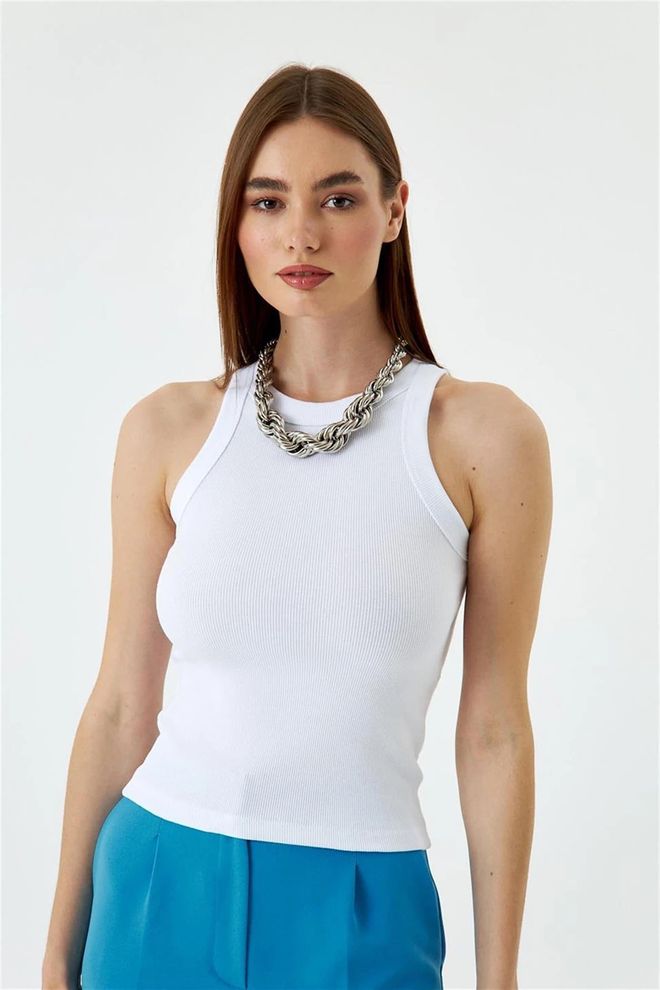 Tuba Camiseta Regata Canelada Com Gola Alta Para Mulher Branca Roupas por atacado Casual
