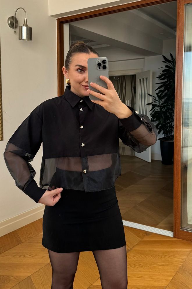Tuba Camisa Feminina Semitransparente Preta Roupas por atacado Elegante