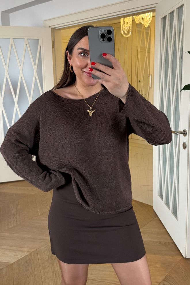 Tuba Suéter Feminino De Malha Fina Com Gola Redonda Marrom Roupas por atacado Casual
