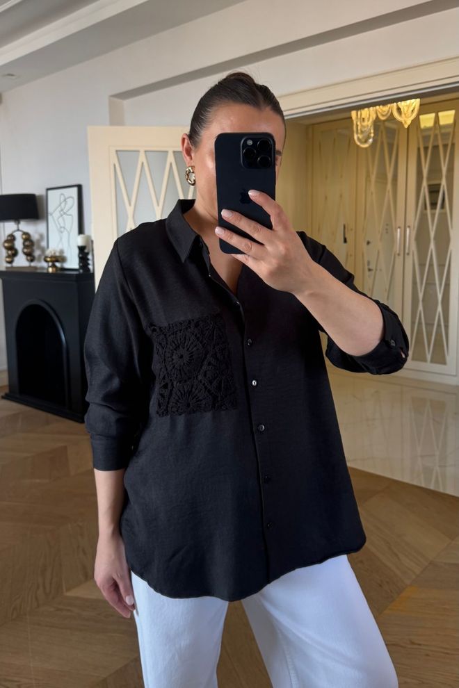 Tuba Camicia Da Donna A Maniche Lunghe Con Dettagli All'uncinetto Nera Abbigliamento all'ingrosso Casuale
