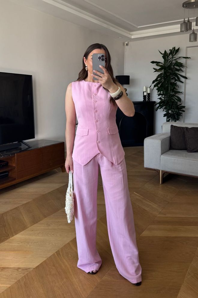 Tuba Pantaloni Da Donna In Misto Lino Con Dettagli In Pile Rosa Abbigliamento all'ingrosso Casuale