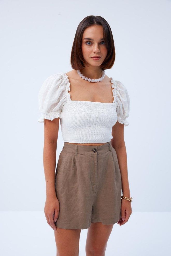 Tuba Blusa Bege Gipeli De Manga Balão Tuba Boutique Ecru Roupas por atacado Casual