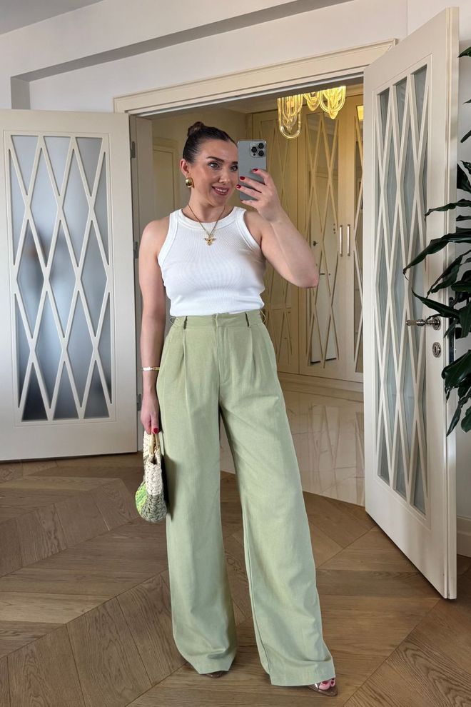 Tuba Pantaloni Da Donna In Misto Lino Con Dettagli In Pile Verde Abbigliamento all'ingrosso Formale