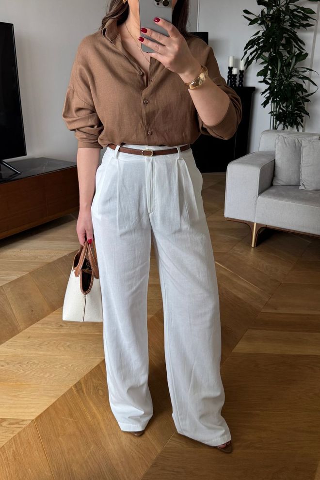Tuba Pantaloni Da Donna In Misto Lino Con Dettagli In Pile Ecru Abbigliamento all'ingrosso Formale