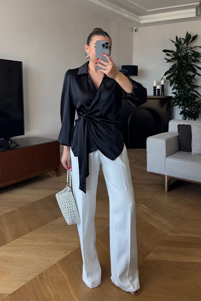 Tuba Zweireihige Satinbluse Mit Krawatte Schwarz Großhandelskleidung Elegant