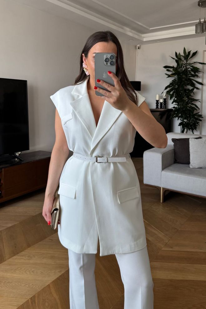 Tuba Prevelik Ženski Telovnik S Pasom Bela Oblačila na debelo Eleganten