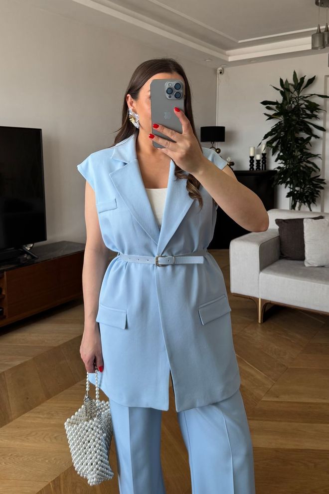 Tuba Prevelik Ženski Telovnik S Pasom Modra Oblačila na debelo Eleganten
