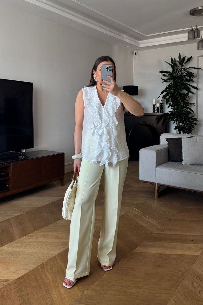 Tuba Ruffled Zero Sleeve Blouse White Wholesale Clothing Formal