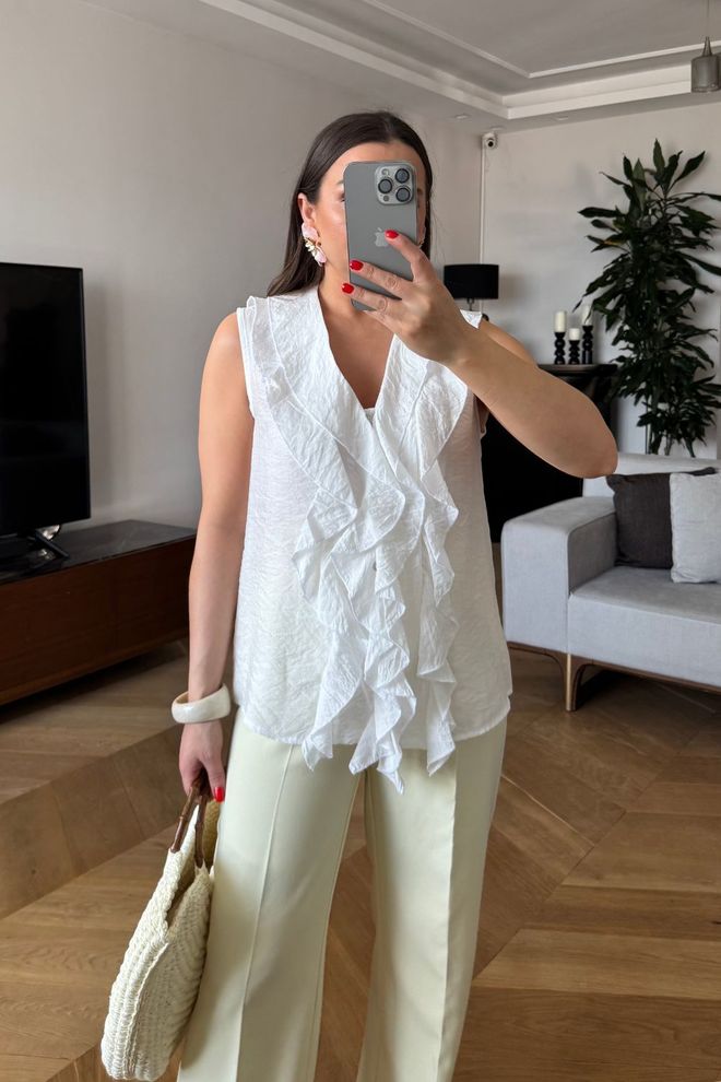 Tuba Blusa A Maniche Zero Con Volant Bianca Abbigliamento all'ingrosso Elegante