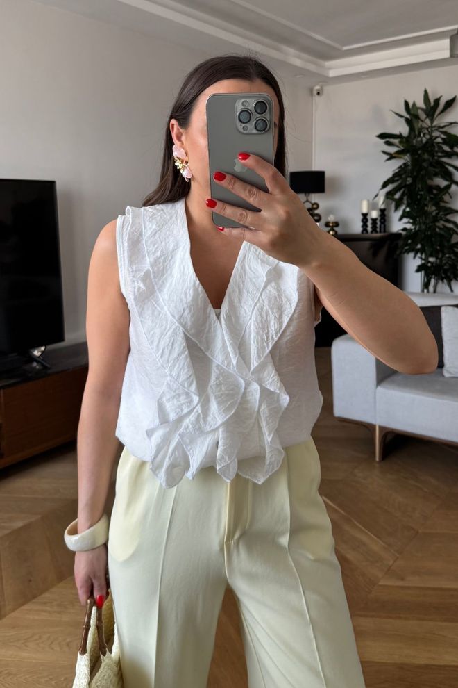 Tuba Ruffled Zero Sleeve Blouse White Wholesale Clothing Spring