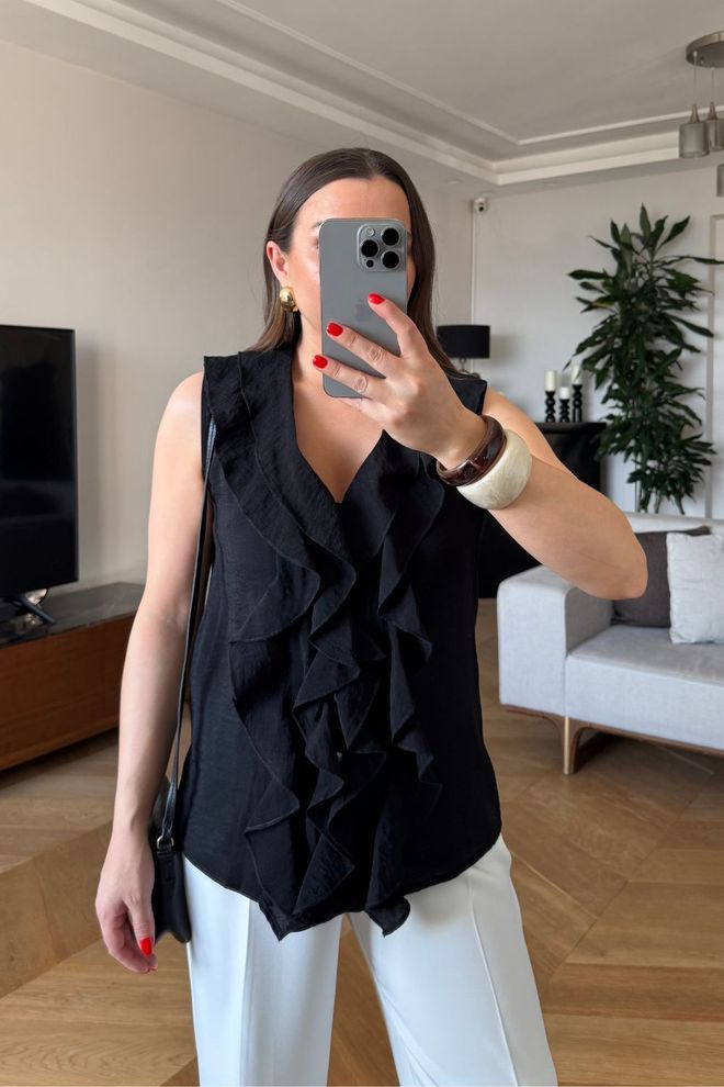 Tuba Ruffled Zero Sleeve Blouse Black Wholesale Clothing Spring