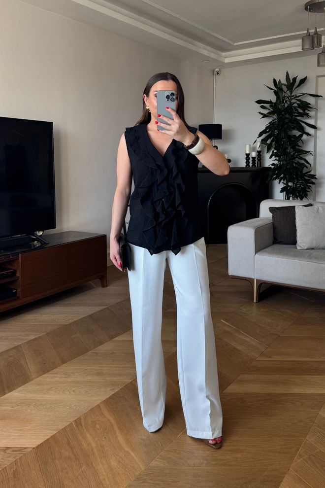 Tuba Ruffled Zero Sleeve Blouse Black Wholesale Clothing No Fabric