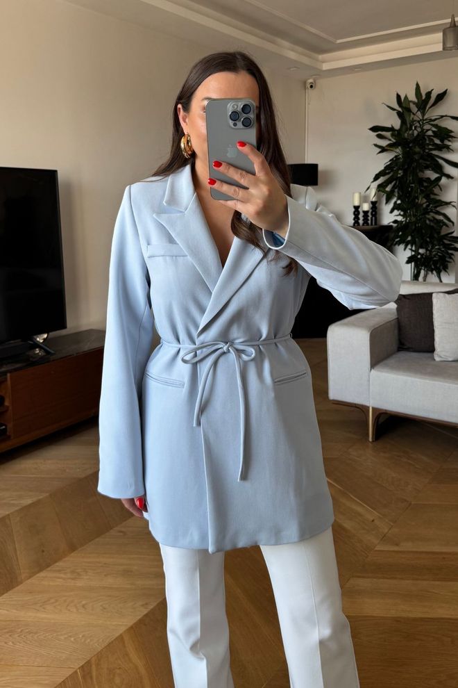 Tuba Blazer Feminino Tie Up Detailed Blazer Azul Roupas por atacado Elegante