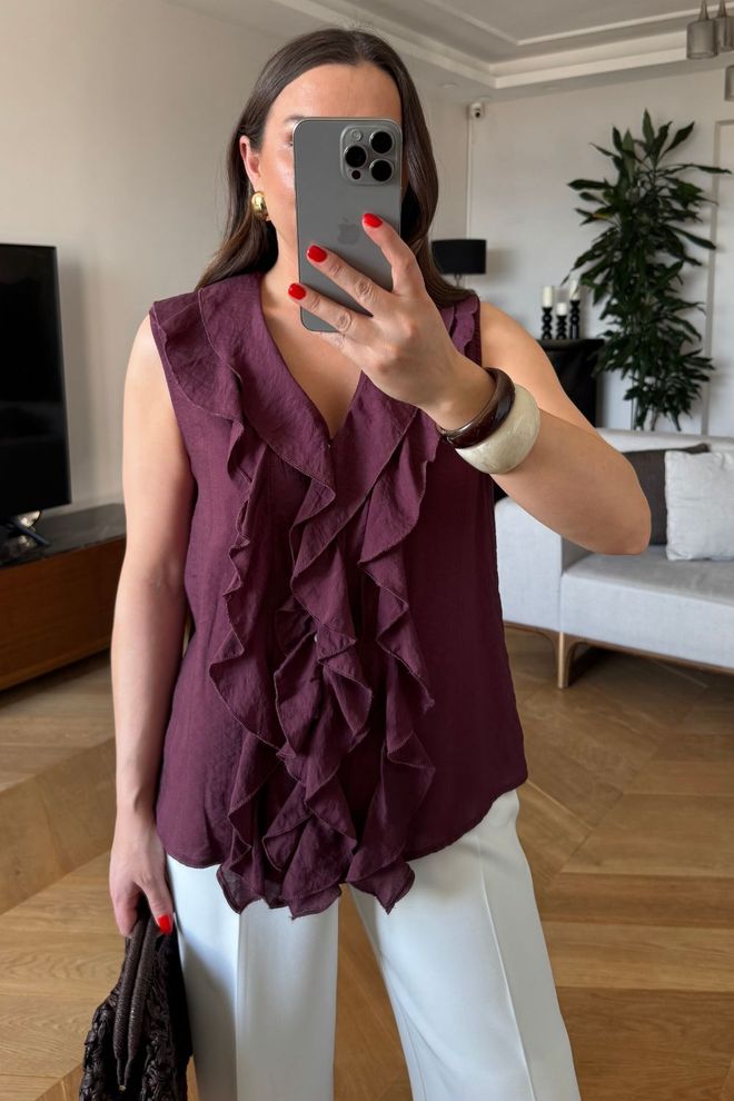 Tuba Blusa A Maniche Zero Con Volant Bordeaux Abbigliamento all'ingrosso Elegante