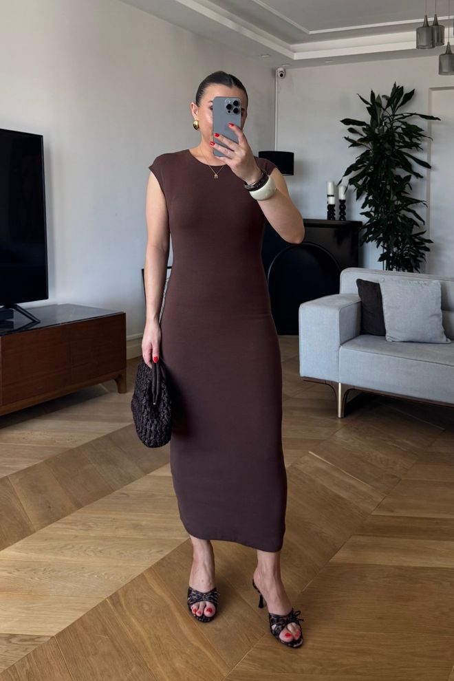 Tuba Zero Sleeve Basic Midi Dress Brown Wholesale Clothing Birthday